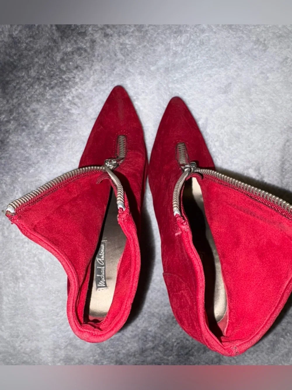Michael Antonio Red Faux‎ Suede Velvet Front Zip Stiletto Ankle Booties Size 7.5
